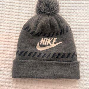 Nike Gray and White Knit Hat with Pom Pom